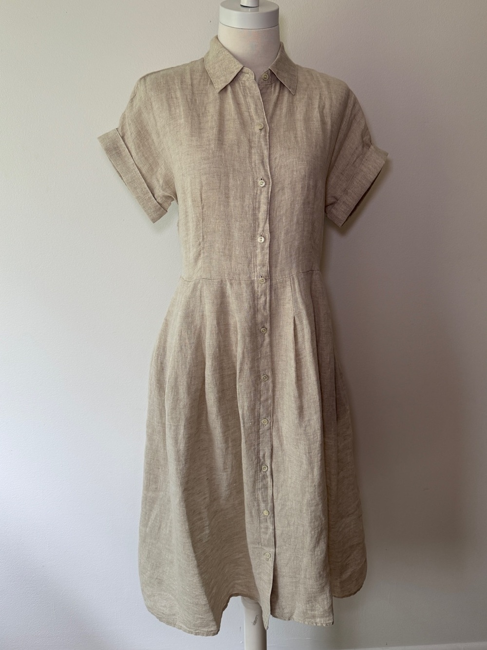 Talbots - Natural Beige 100% Linen Button-Front Shirt Dress - Size 2